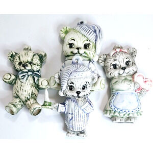 Vintage Albertas Teddy Bear Family Christmas Ornament 4 pc Hand Painted Ceramic